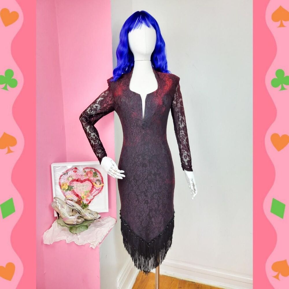 Vintage 90s Lace Open Back Fringe Trim Bodycon Dress